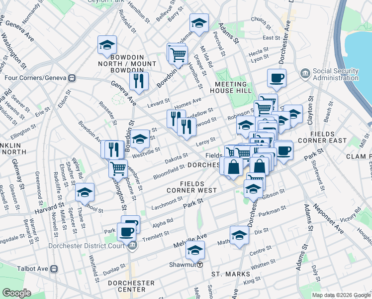 map of restaurants, bars, coffee shops, grocery stores, and more near 129-131 Dakota Street in Boston