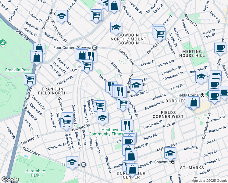 map of restaurants, bars, coffee shops, grocery stores, and more near 321 Washington Street in Boston