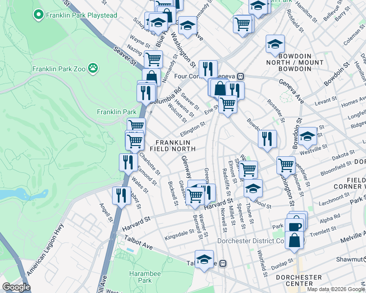 map of restaurants, bars, coffee shops, grocery stores, and more near 2 Harlem Street in Boston