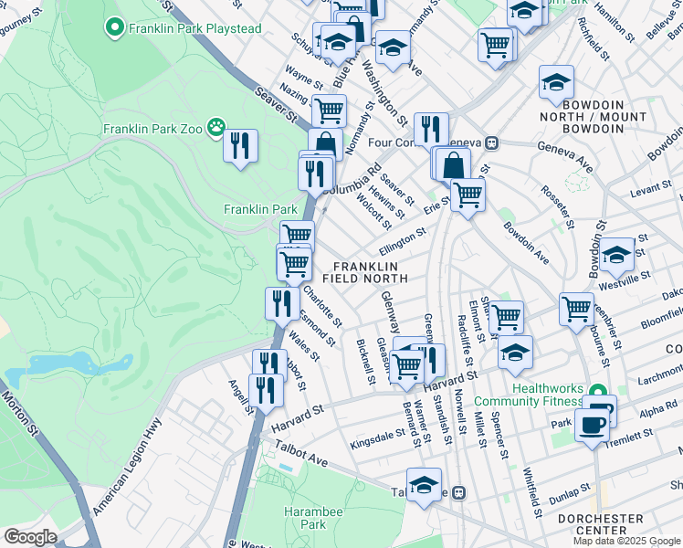 map of restaurants, bars, coffee shops, grocery stores, and more near 13 Fowler Street in Boston