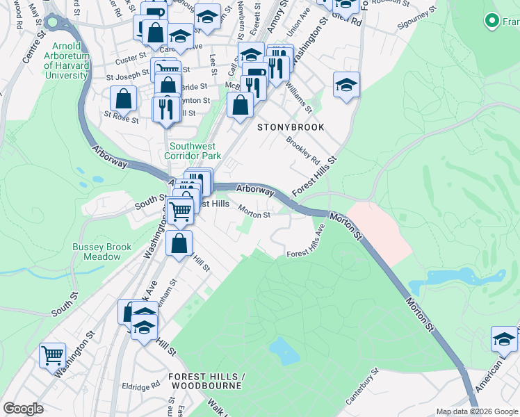map of restaurants, bars, coffee shops, grocery stores, and more near 180 Morton Street in Boston