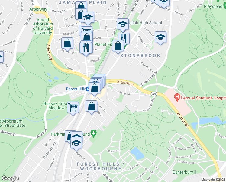 map of restaurants, bars, coffee shops, grocery stores, and more near 49 Morton Street in Boston