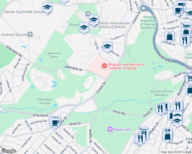 map of restaurants, bars, coffee shops, grocery stores, and more near 12 Brownson Terrace in Boston