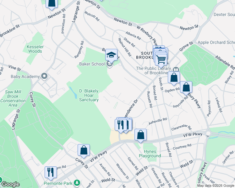 map of restaurants, bars, coffee shops, grocery stores, and more near in Brookline