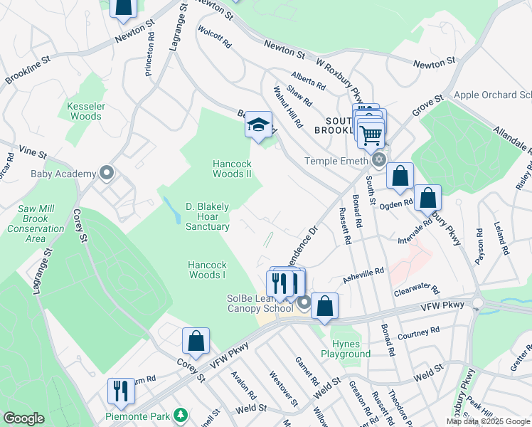 map of restaurants, bars, coffee shops, grocery stores, and more near 53 Gerry Road in Brookline