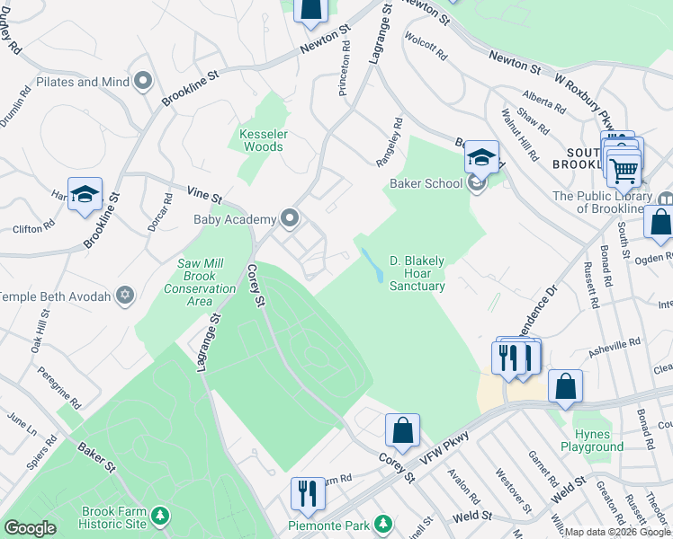 map of restaurants, bars, coffee shops, grocery stores, and more near 39 Westgate Road in Boston