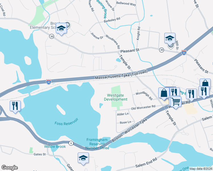 map of restaurants, bars, coffee shops, grocery stores, and more near 35 Westgate Road in Framingham