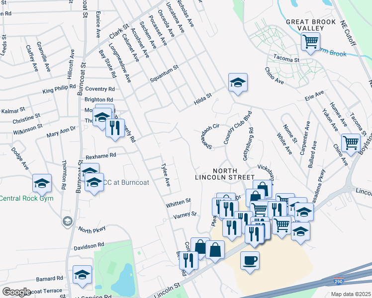 map of restaurants, bars, coffee shops, grocery stores, and more near 44 Viele Avenue in Worcester