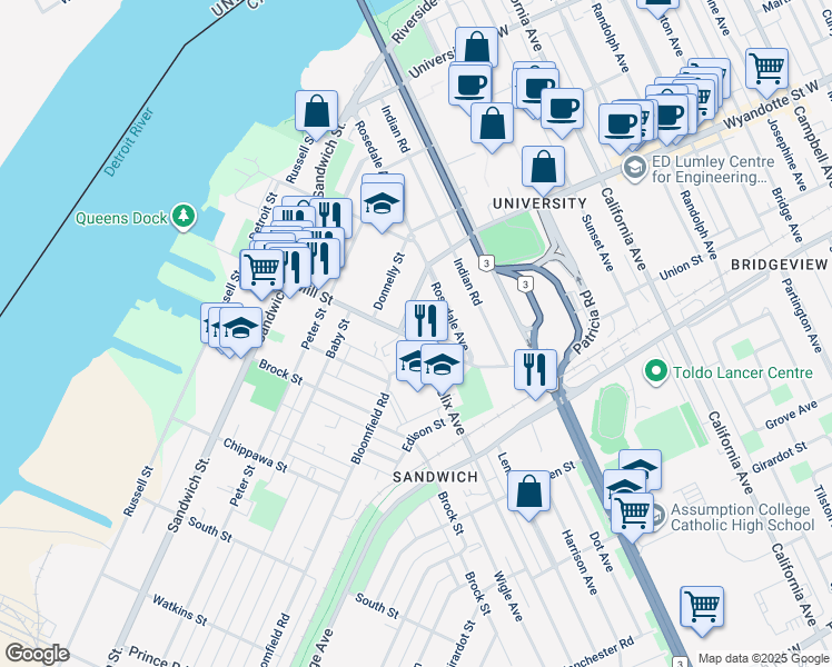 map of restaurants, bars, coffee shops, grocery stores, and more near 712 Mill Street in Windsor