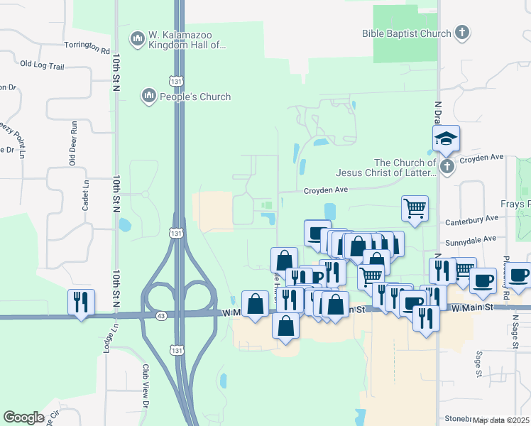 map of restaurants, bars, coffee shops, grocery stores, and more near 5598 Summer Ridge Hill in Kalamazoo
