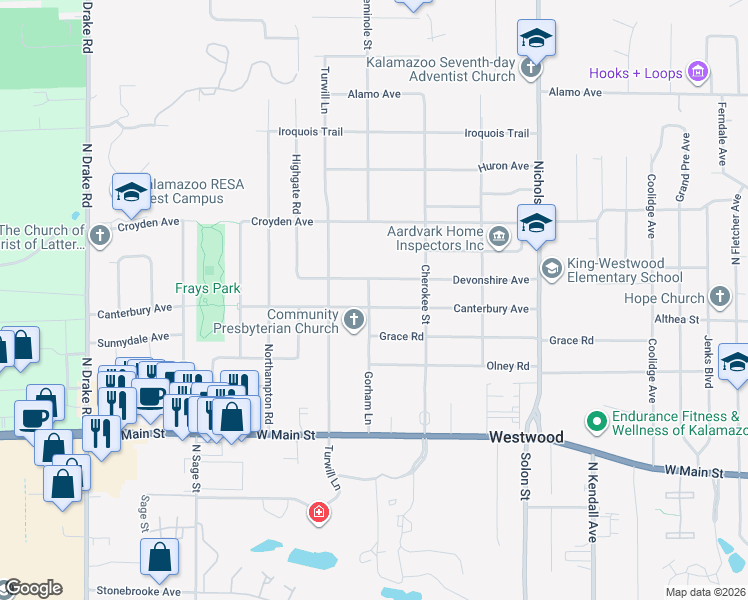 map of restaurants, bars, coffee shops, grocery stores, and more near 3809 Canterbury Avenue in Kalamazoo