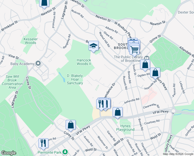 map of restaurants, bars, coffee shops, grocery stores, and more near in Brookline