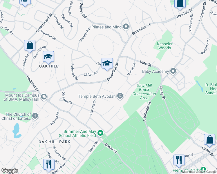 map of restaurants, bars, coffee shops, grocery stores, and more near 21 Puddingstone Lane in Newton