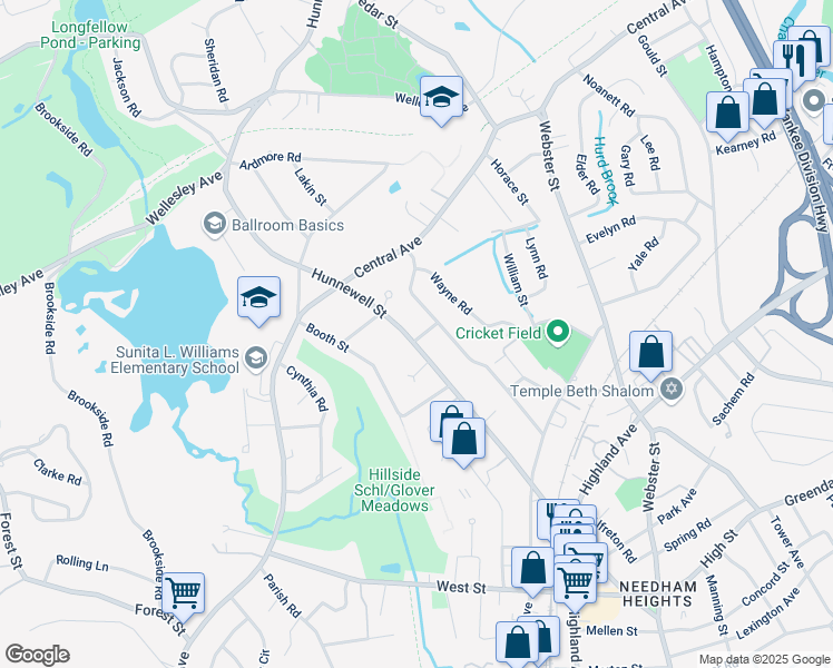 map of restaurants, bars, coffee shops, grocery stores, and more near 246 Hunnewell Street in Needham