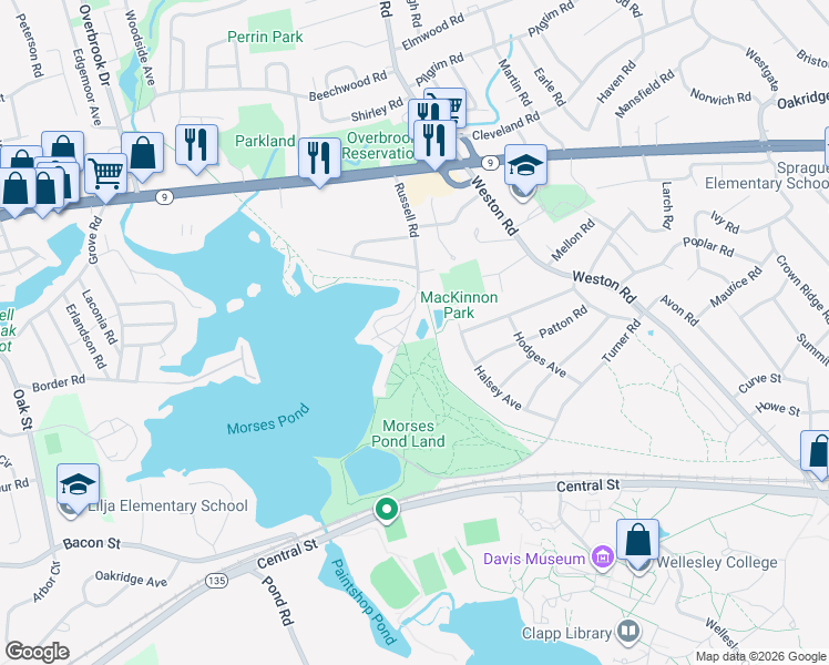 map of restaurants, bars, coffee shops, grocery stores, and more near 64 Russell Road in Wellesley