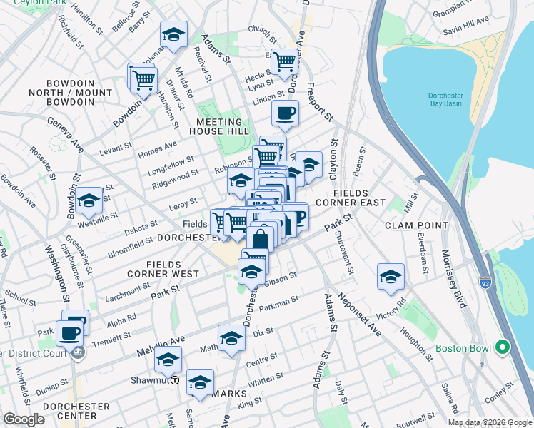 map of restaurants, bars, coffee shops, grocery stores, and more near 9 Faulkner Street in Boston