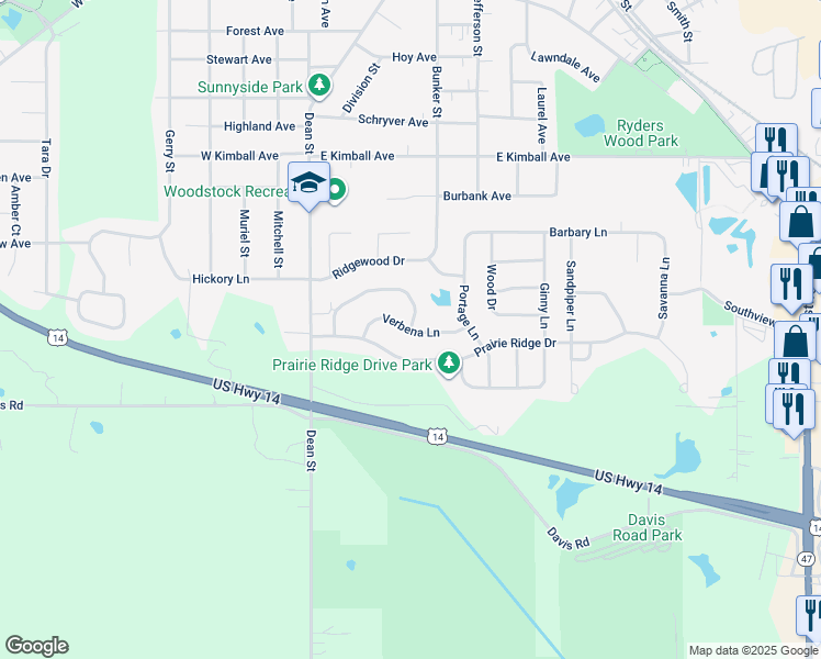 map of restaurants, bars, coffee shops, grocery stores, and more near 285 Verbena Lane in Woodstock