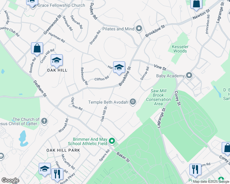 map of restaurants, bars, coffee shops, grocery stores, and more near 21 Puddingstone Lane in Newton