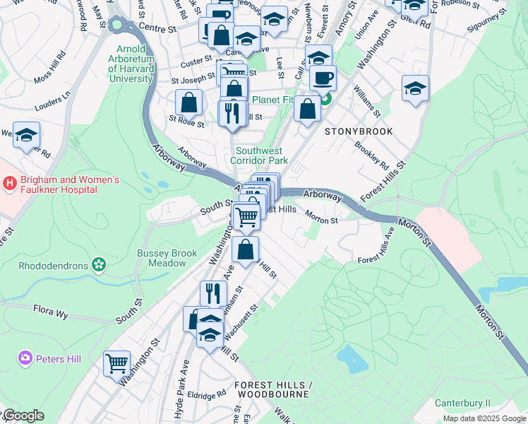 map of restaurants, bars, coffee shops, grocery stores, and more near 3698 Washington Street in Boston