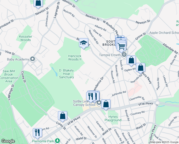 map of restaurants, bars, coffee shops, grocery stores, and more near 53 Gerry Road in Brookline
