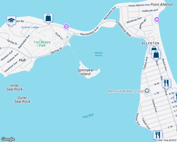 map of restaurants, bars, coffee shops, grocery stores, and more near 22 Marina Drive in Hull