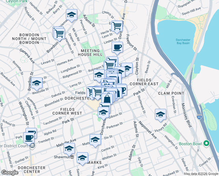 map of restaurants, bars, coffee shops, grocery stores, and more near 9 Faulkner Street in Boston