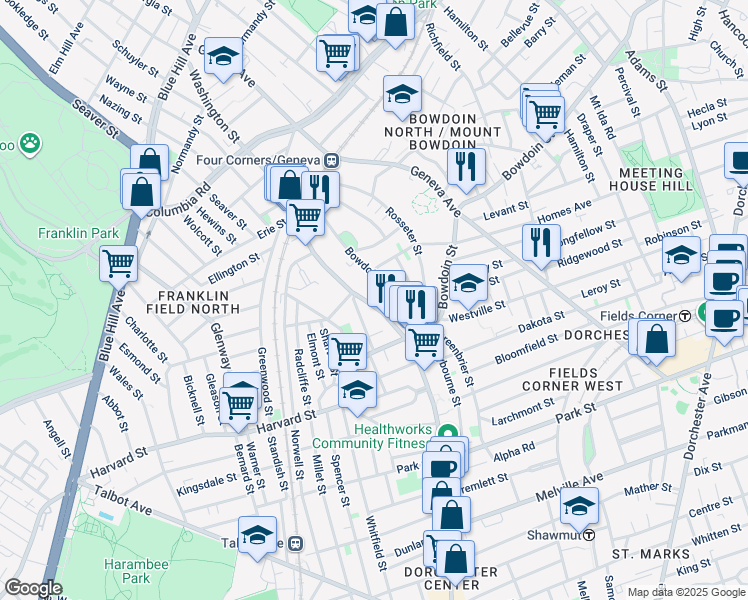 map of restaurants, bars, coffee shops, grocery stores, and more near 321 Washington Street in Boston