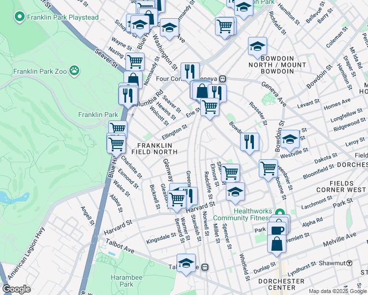 map of restaurants, bars, coffee shops, grocery stores, and more near 32 Harlem Street in Boston