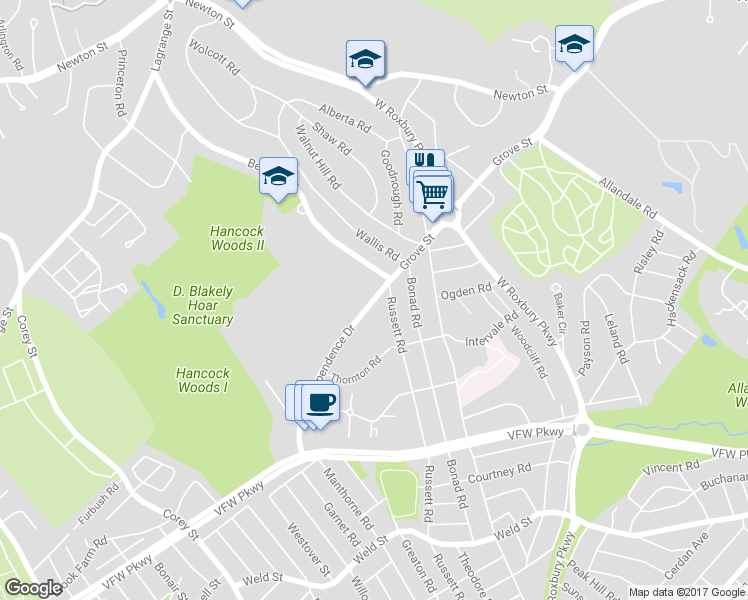 map of restaurants, bars, coffee shops, grocery stores, and more near 358 Russett Road in Brookline