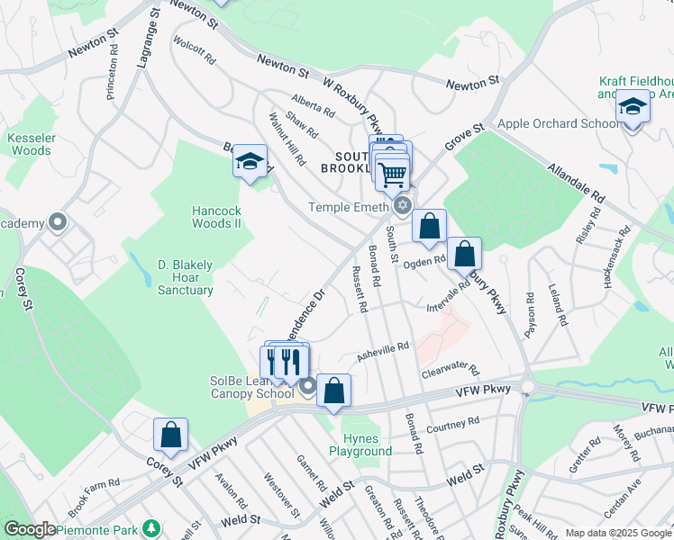 map of restaurants, bars, coffee shops, grocery stores, and more near 358 Russett Road in Brookline