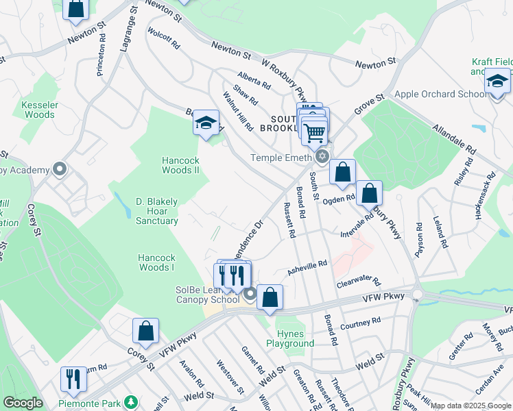 map of restaurants, bars, coffee shops, grocery stores, and more near in Brookline