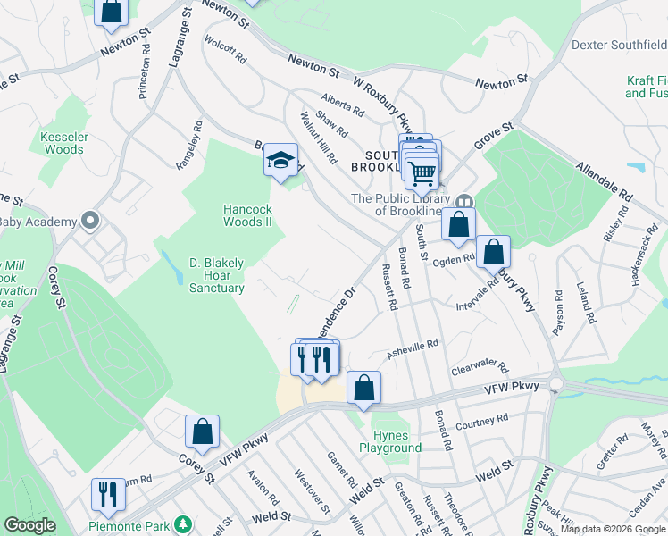 map of restaurants, bars, coffee shops, grocery stores, and more near 54 Gerry Road in Brookline