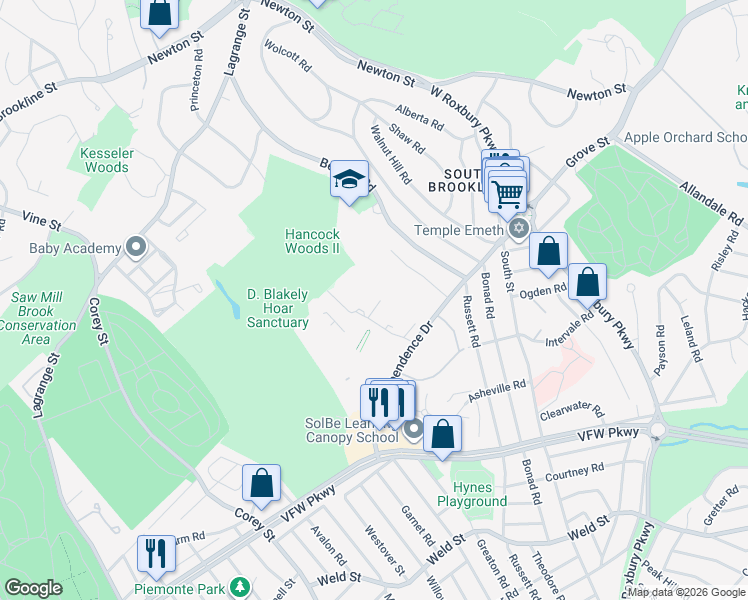 map of restaurants, bars, coffee shops, grocery stores, and more near None in Brookline