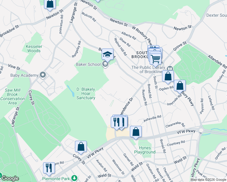 map of restaurants, bars, coffee shops, grocery stores, and more near in Brookline
