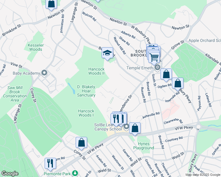 map of restaurants, bars, coffee shops, grocery stores, and more near 53 Gerry Road in Brookline