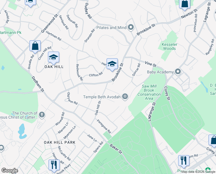map of restaurants, bars, coffee shops, grocery stores, and more near 21 Puddingstone Lane in Newton