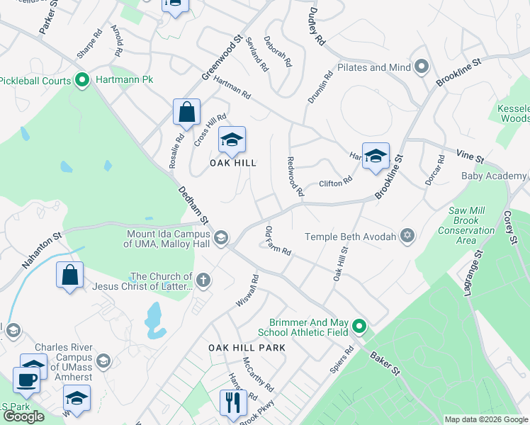 map of restaurants, bars, coffee shops, grocery stores, and more near 12 Old Farm Road in Newton