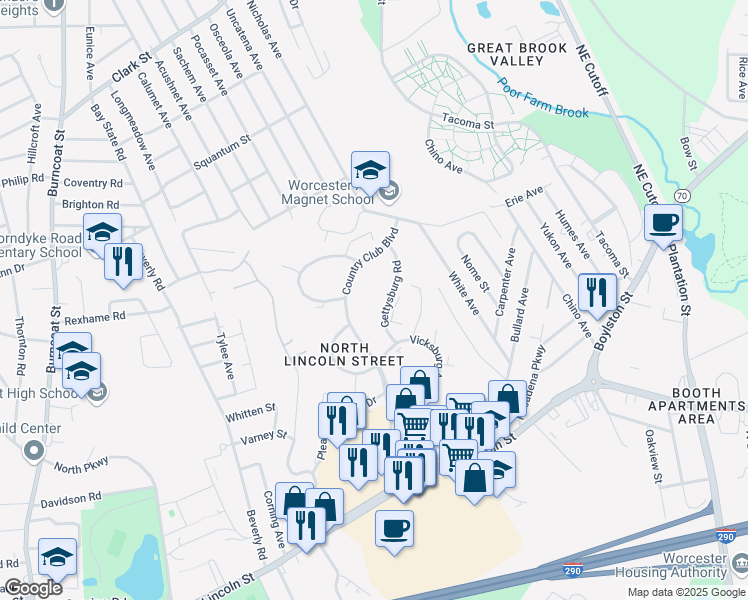 map of restaurants, bars, coffee shops, grocery stores, and more near 122 Country Club Boulevard in Worcester