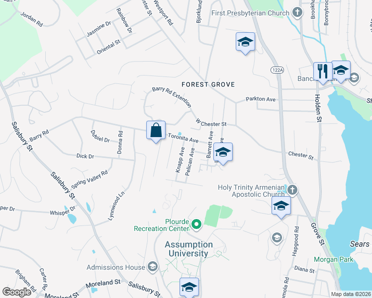 map of restaurants, bars, coffee shops, grocery stores, and more near 22 Pelican Avenue in Worcester