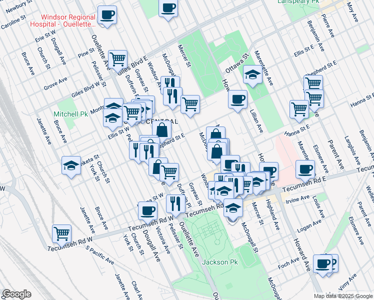 map of restaurants, bars, coffee shops, grocery stores, and more near in Windsor