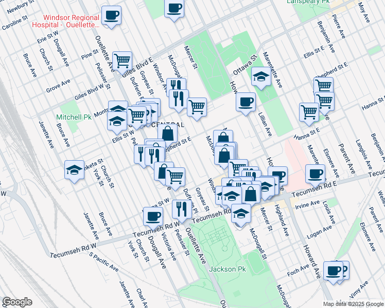map of restaurants, bars, coffee shops, grocery stores, and more near in Windsor