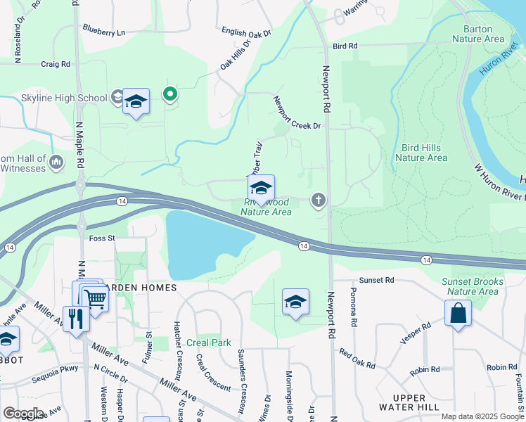 map of restaurants, bars, coffee shops, grocery stores, and more near State Highway 14 in Ann Arbor