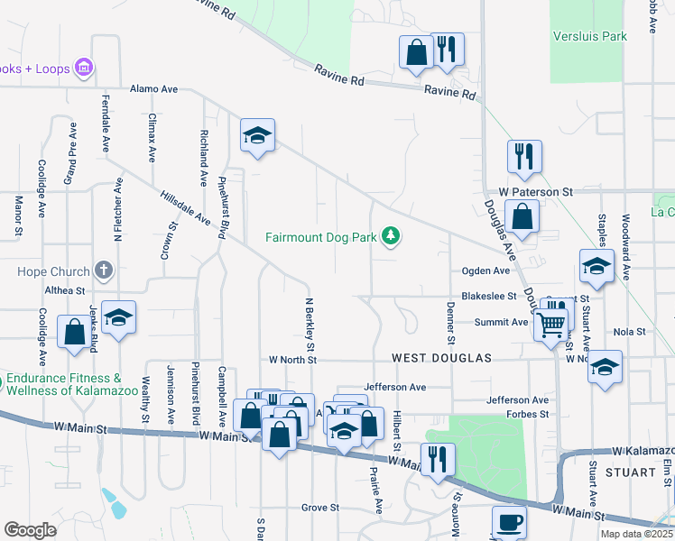 map of restaurants, bars, coffee shops, grocery stores, and more near in Kalamazoo