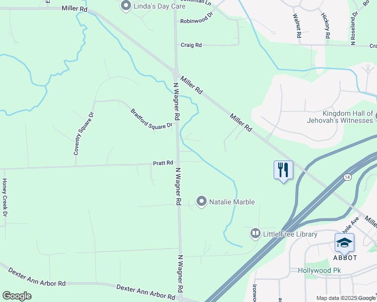 map of restaurants, bars, coffee shops, grocery stores, and more near 1030 North Wagner Road in Ann Arbor