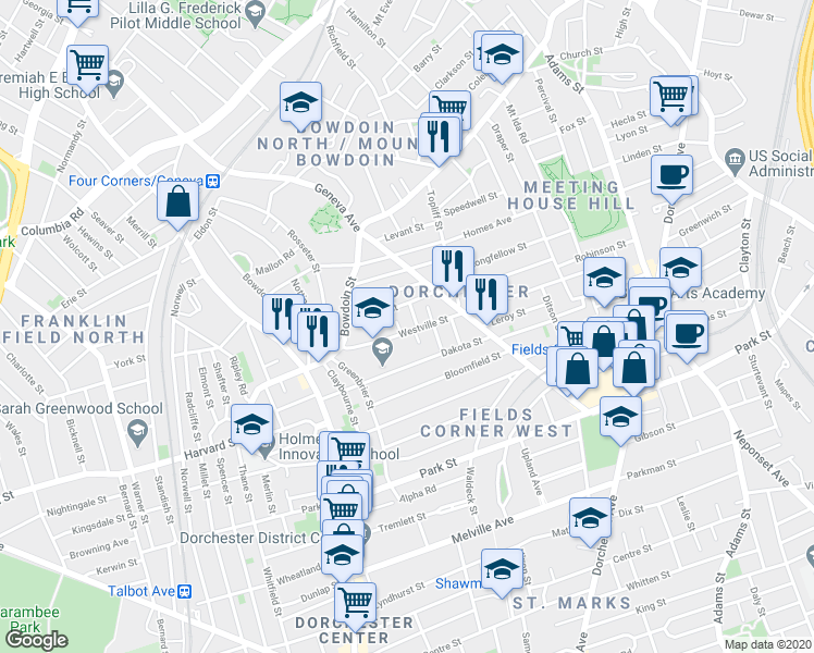 map of restaurants, bars, coffee shops, grocery stores, and more near 64 Westville Street in Boston