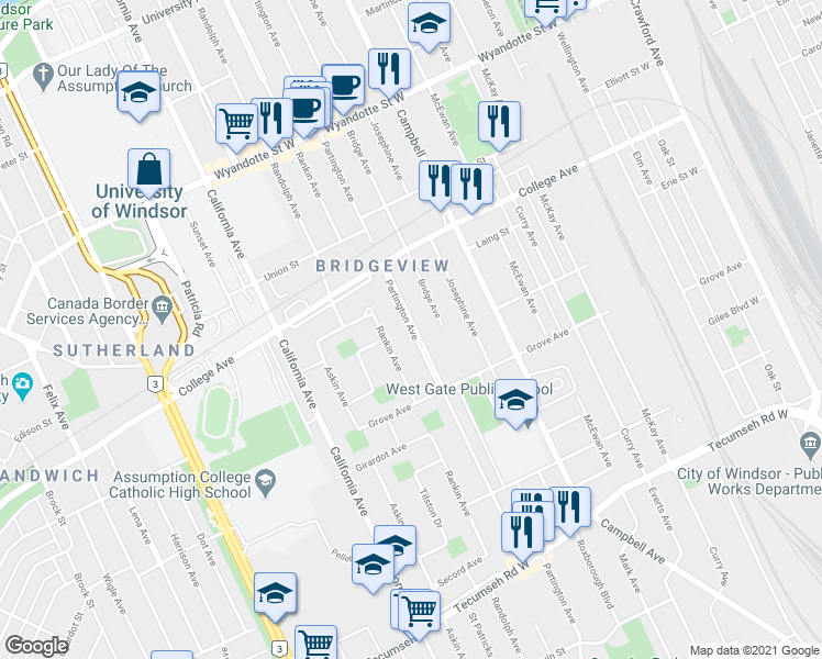 map of restaurants, bars, coffee shops, grocery stores, and more near 997 Partington Avenue in Windsor