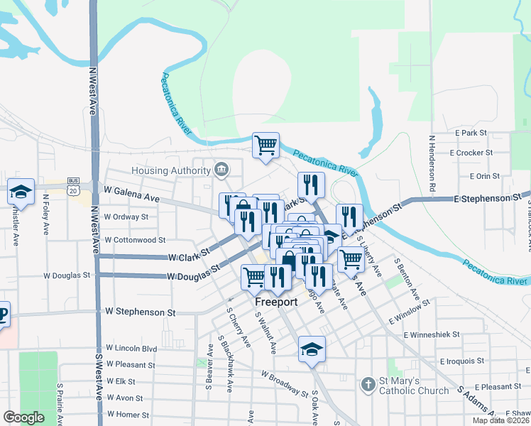 map of restaurants, bars, coffee shops, grocery stores, and more near 50 West Douglas Street in Freeport