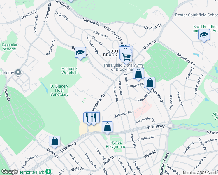 map of restaurants, bars, coffee shops, grocery stores, and more near 358 Russett Road in Brookline
