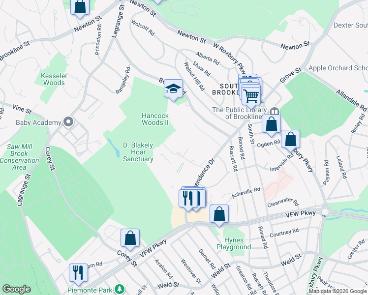 map of restaurants, bars, coffee shops, grocery stores, and more near 53 Gerry Road in Brookline