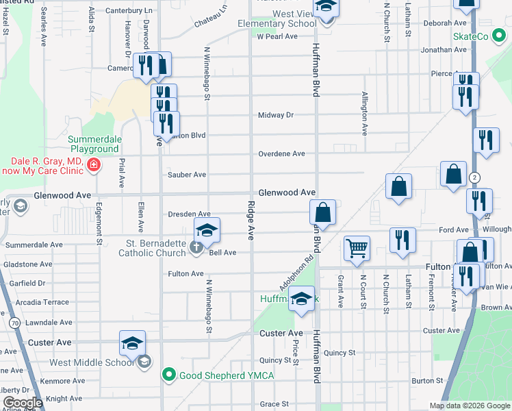 map of restaurants, bars, coffee shops, grocery stores, and more near 2615 Ridge Avenue in Rockford